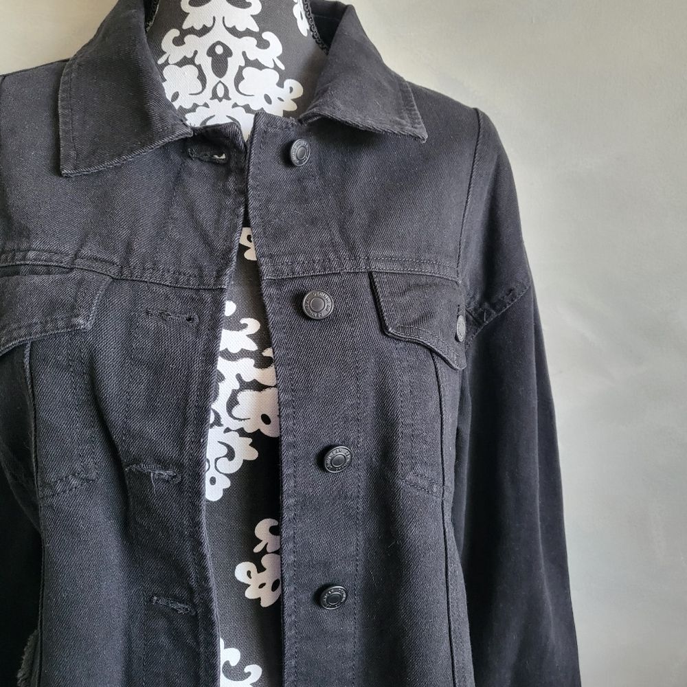 Stoosh Vintage Denim Black Crop Faux Vegan Leather Fringe Jacket Size M - Picture 3 of 8